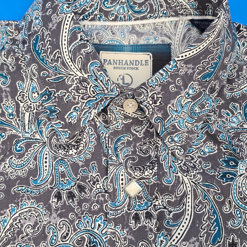 Panhandle Rough Stock Mens L Paisley Western Pearl Snap Shirt Grey‎ Blue ROS9295